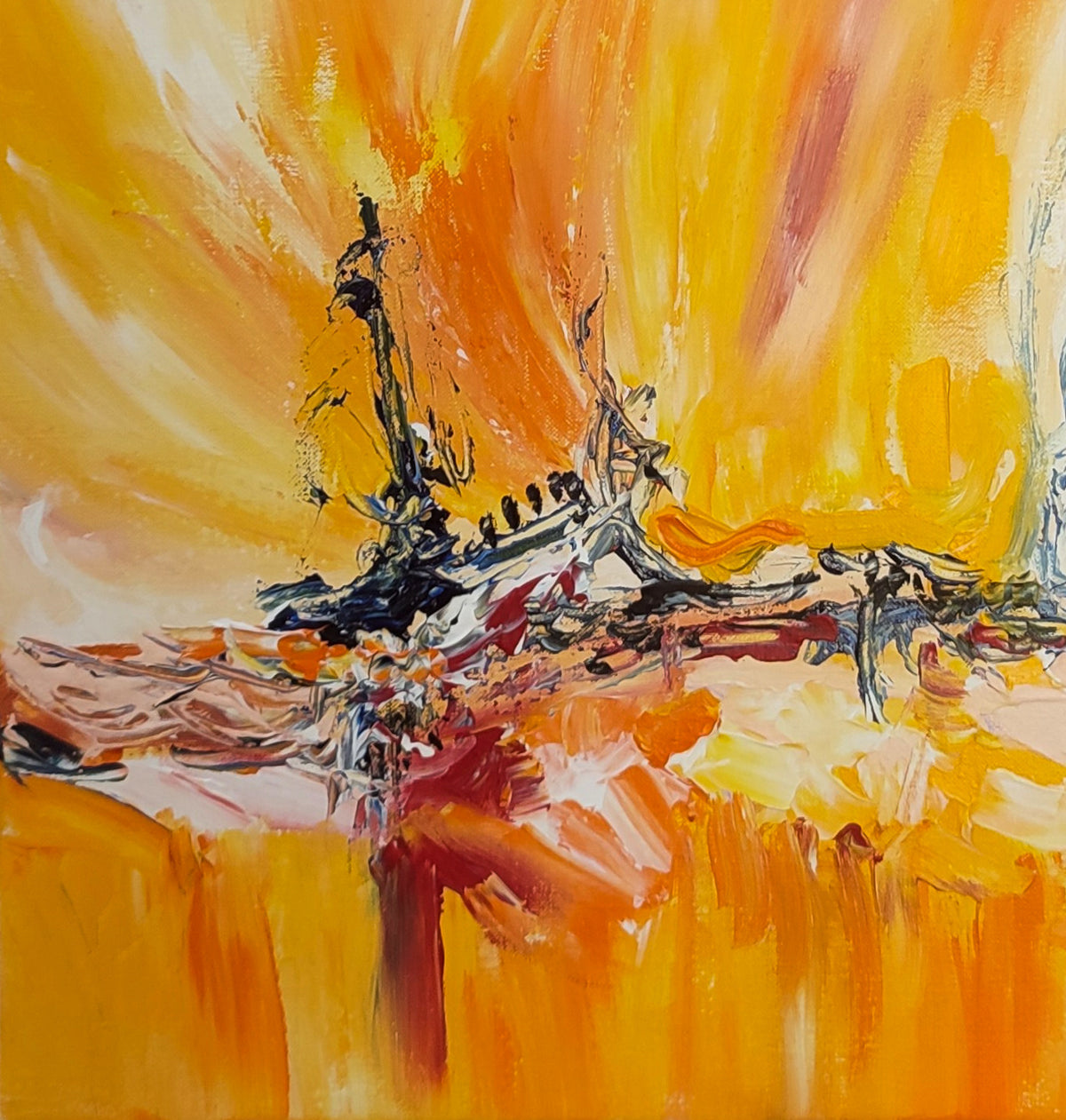 Detail of an original yellow abstract painting with expressive colour