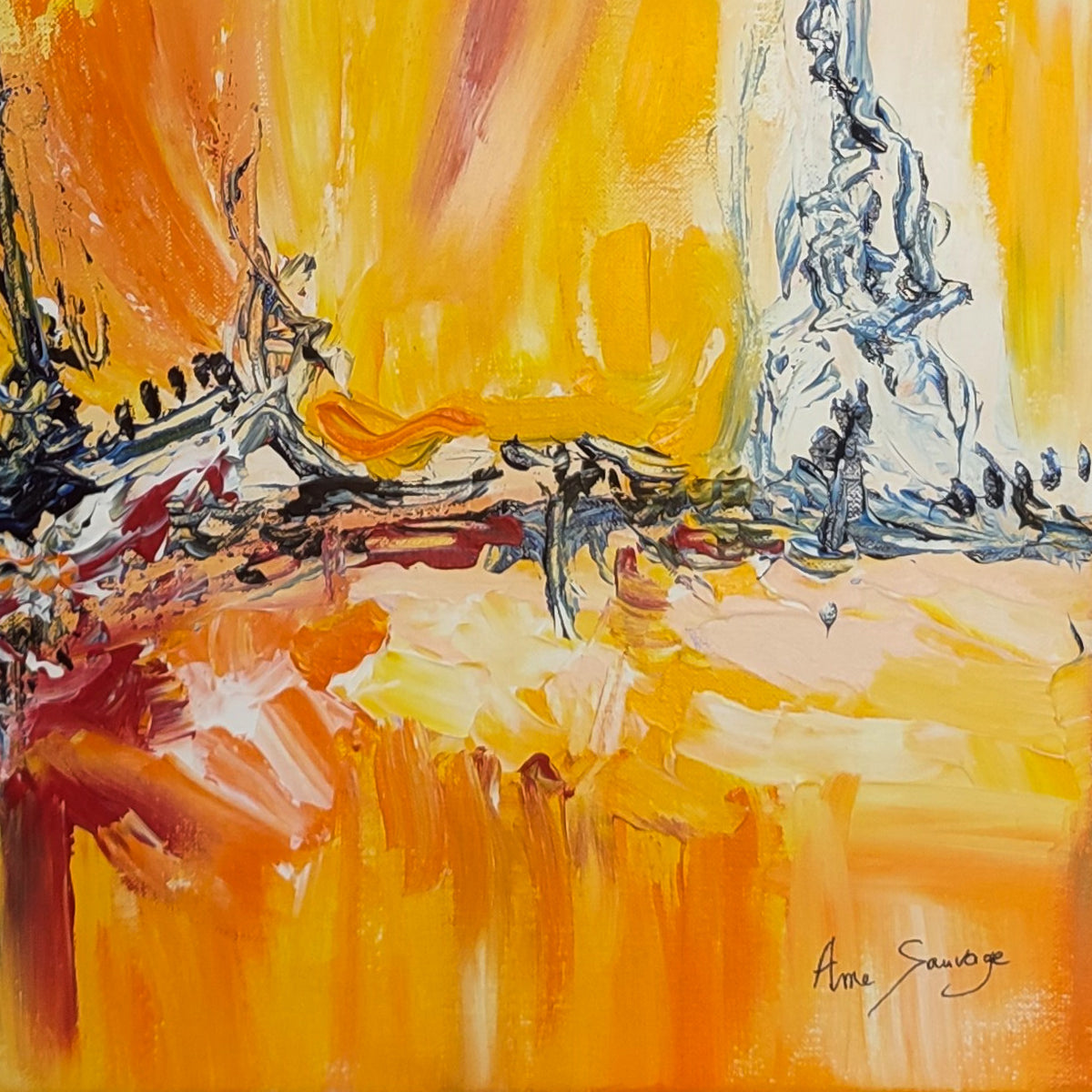 Detail of an original yellow abstract painting with expressive colour