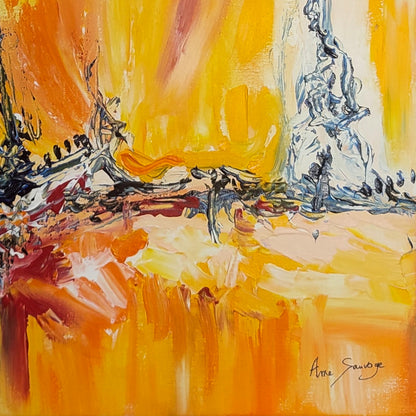 Detail of an original yellow abstract painting with expressive colour
