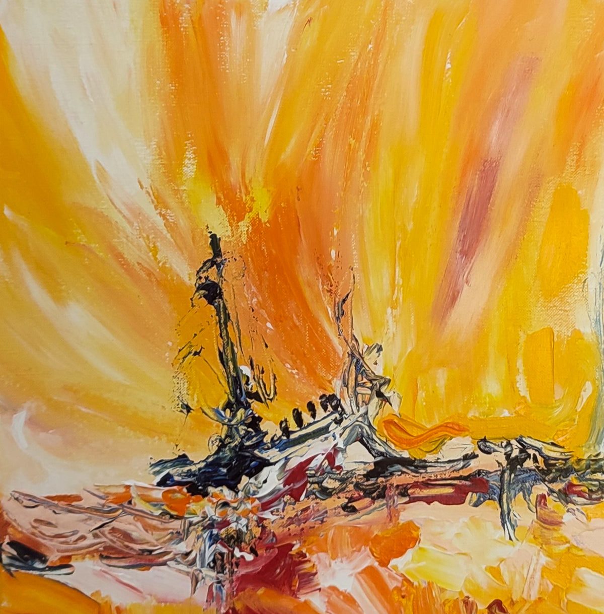Detail of an original yellow abstract painting with expressive colour