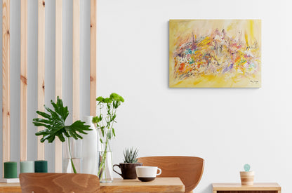 Yellow abstract painting in living room